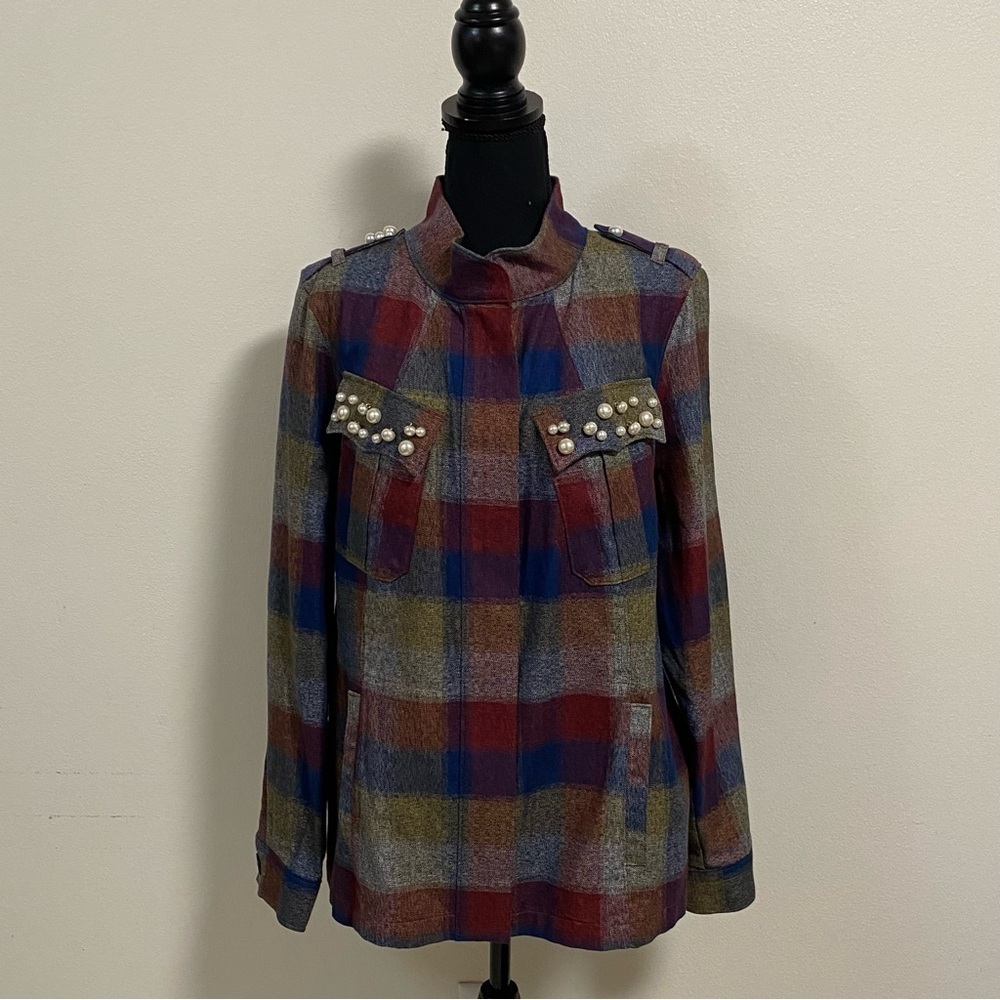 Cabi Coat Women’s Size Large Earth tone Heritage Plaid Full zip jacket